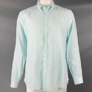 ISAIA Size XL Blue White Stripe Linen Cotton Roll Tab Long Sleeve Shirt